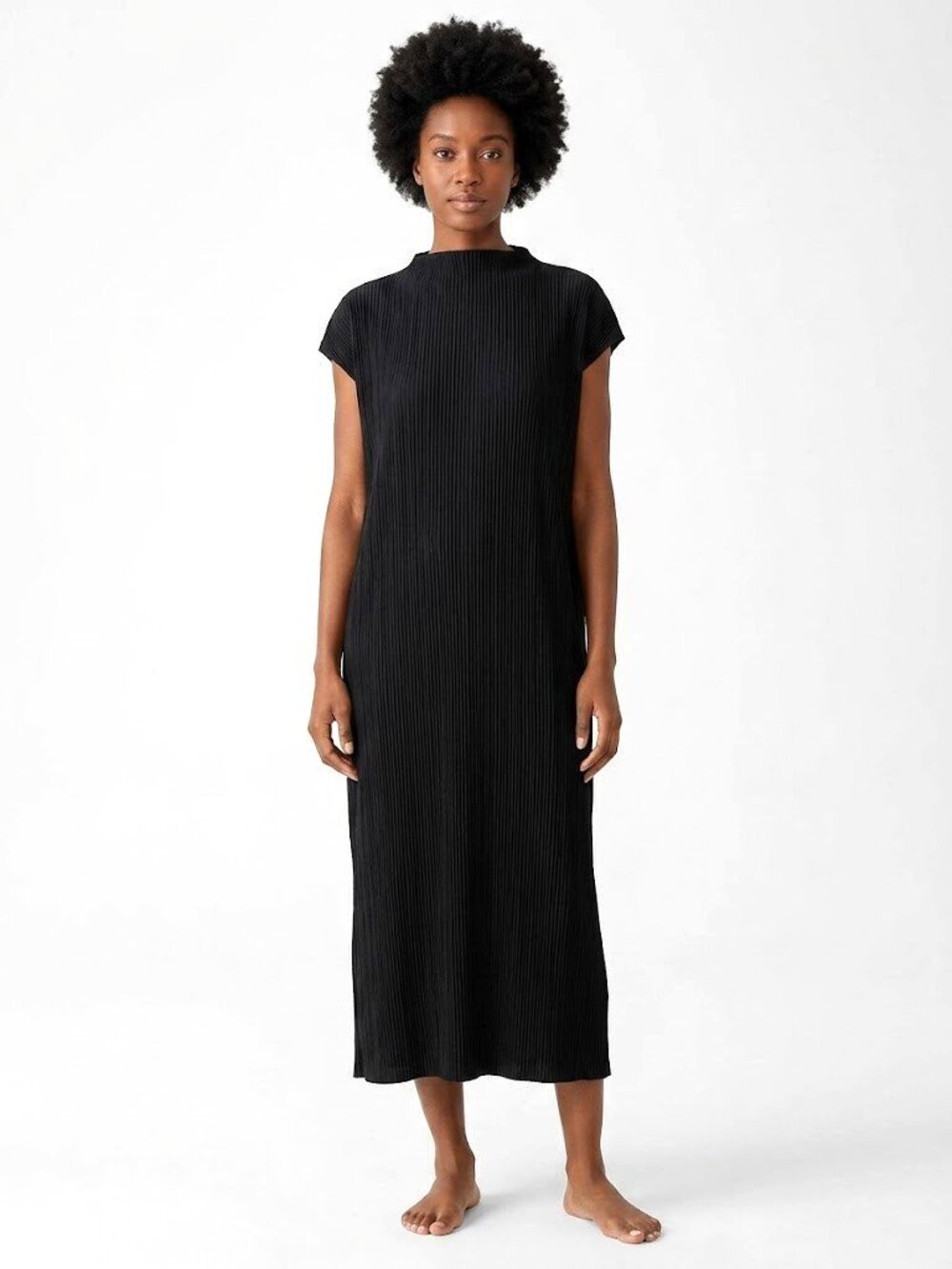 NWT Eileen Fisher Funnel Neck Midi in Black Woven Plisse Side Slit Dress L